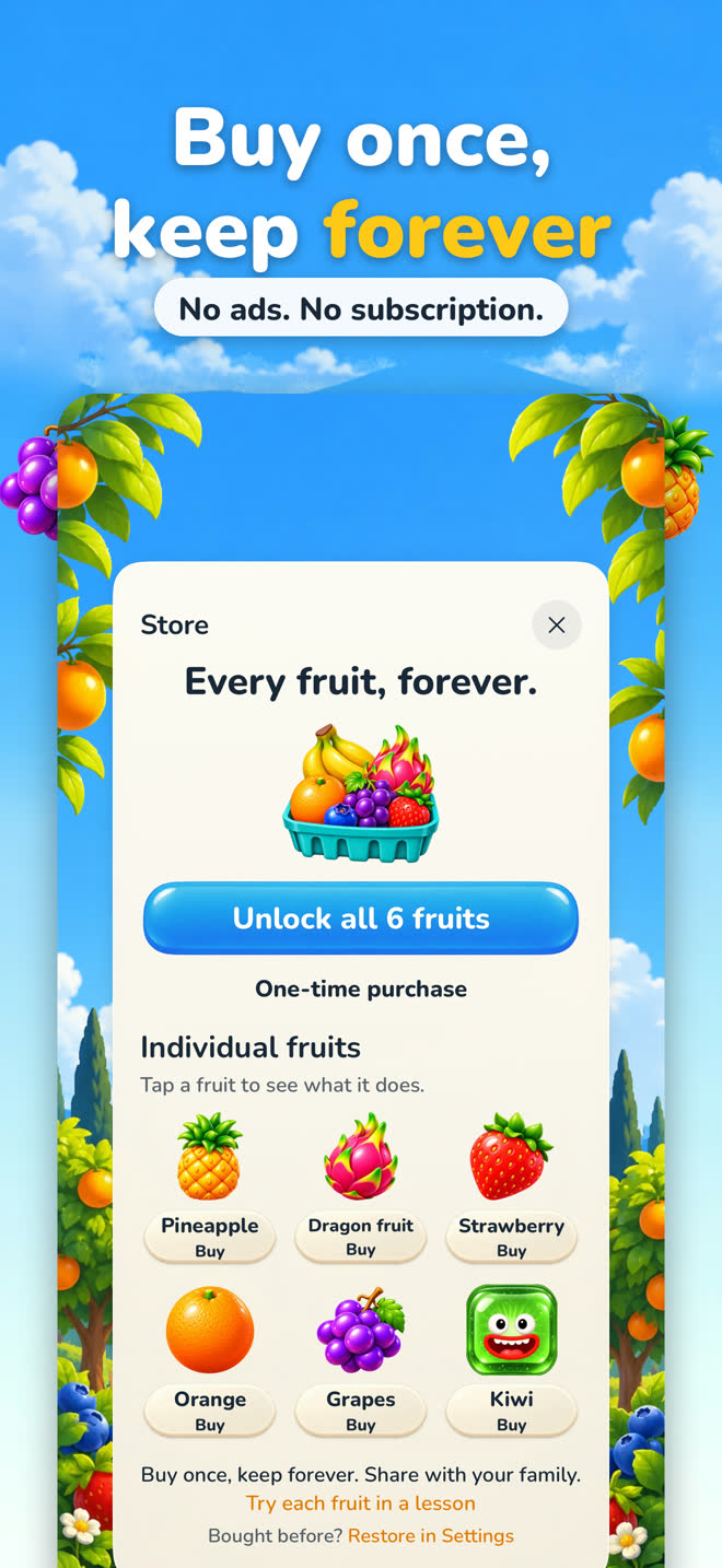 Buy once, keep forever: the fruit store, no ads and no subscription